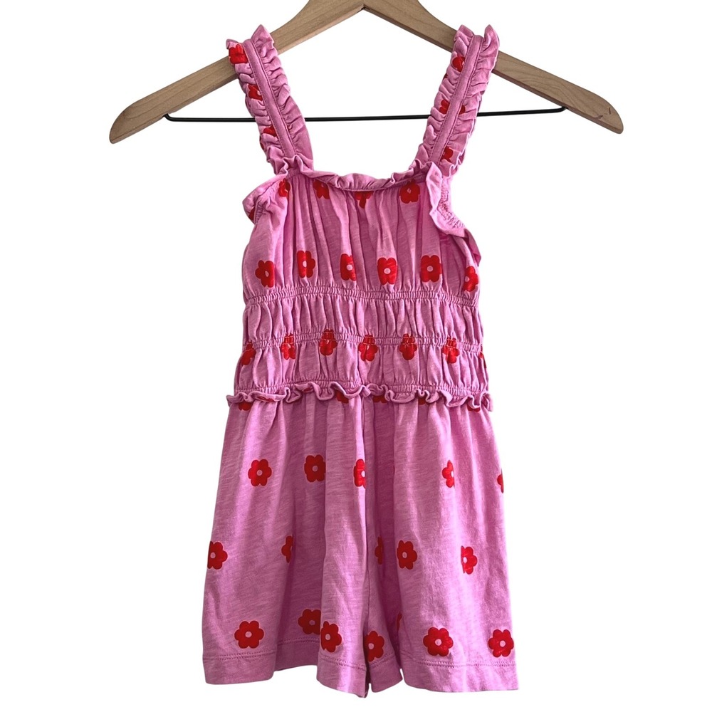 Crewcuts Girls Size 6 Pink Floral Smocked Romper Red Flower Print 100% Cotton